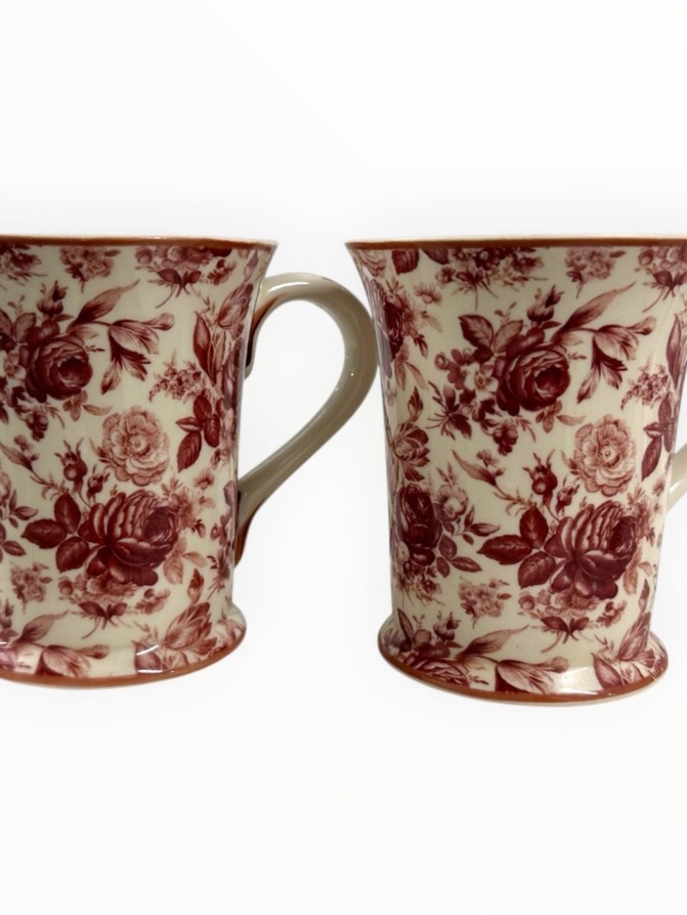 Harry & David Floral Toile Coffee Mugs Set of 2 Red Cream Ceramic China - Picture 3 of 11